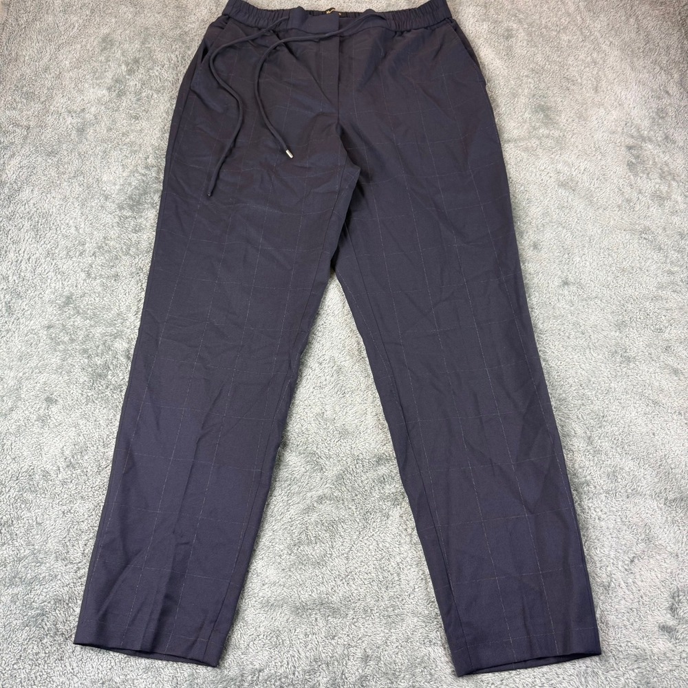 Massimo Dutti Navy Blue‎ 100% Wool Windowpane Check Drawstring Trousers Size 8